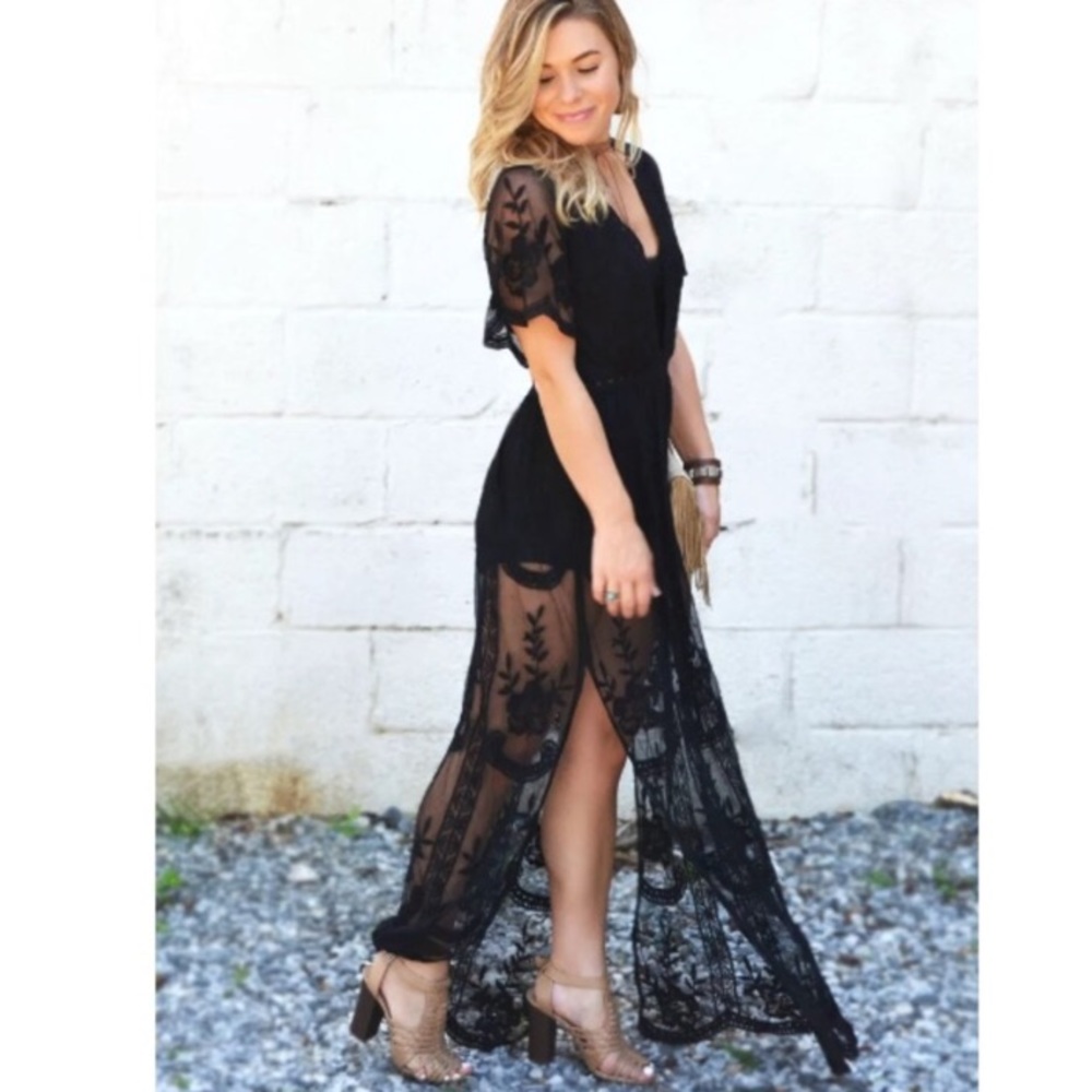 🆕 Honey Punch Black Lace Romper Maxi Dress - Picture 4 of 8